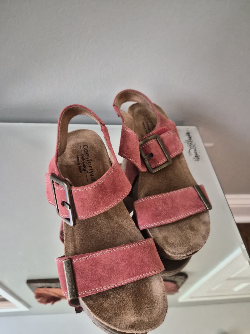 Comfortiva Rose-Red Suede Two-Buckle Sandals